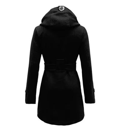 2026 Autumn Women's Hooded Overcoat Trend Double-Breasted Design Belt Side Pockets Plaid Splice Woolen Coats Winter Jacket Femme