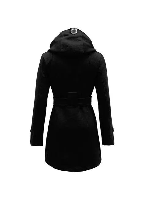 2026 Autumn Women's Hooded Overcoat Trend Double-Breasted Design Belt Side Pockets Plaid Splice Woolen Coats Winter Jacket Femme
