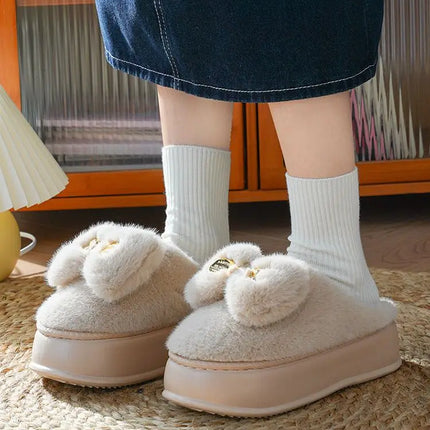 New Pink Bow Slippers Winter Women's Shoes Thick Sole Fuzzy Slippers for Home Mules Shoes Woman Fluffy Metal Bear House Slipper
