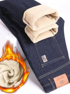Winter Thermal Fleece Stretch Jeans Mens Business Casual Brand Fleece Pants Men Straight Flocking Thick Trousers Blue Black