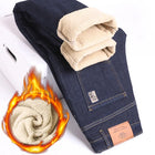 Winter Thermal Fleece Stretch Jeans Mens Business Casual Brand Fleece Pants Men Straight Flocking Thick Trousers Blue Black