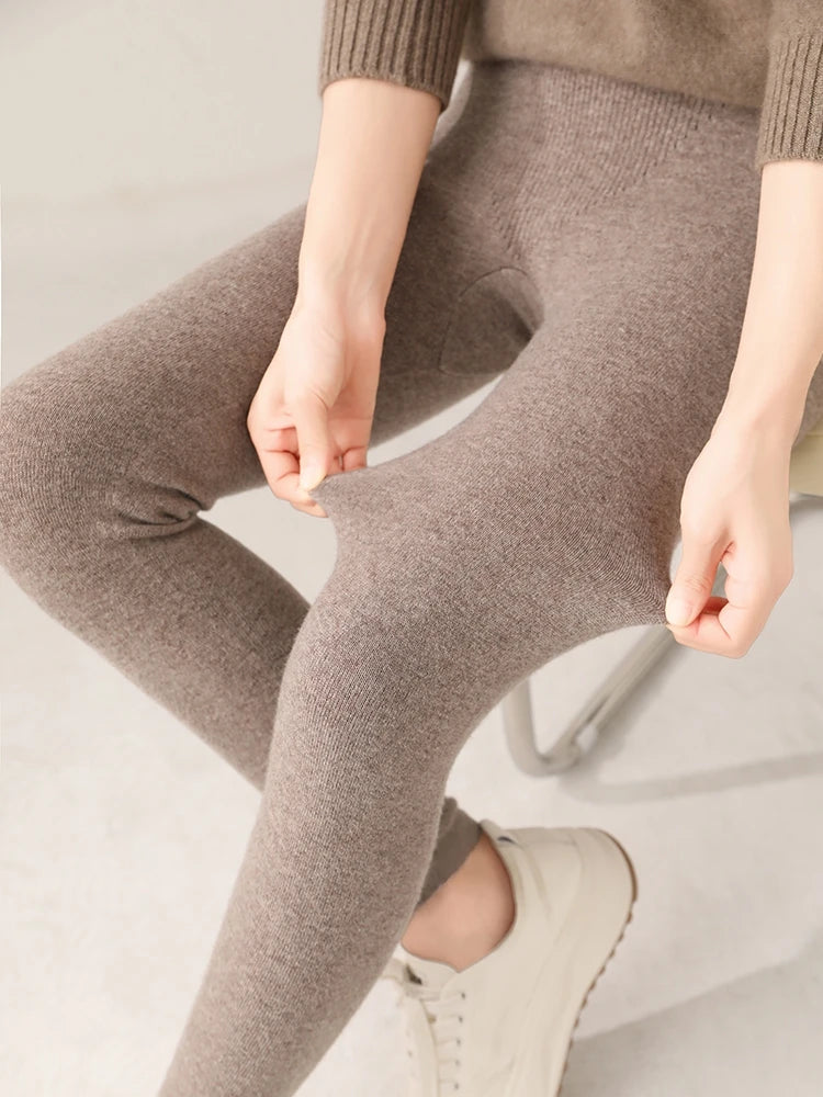 Women's Wool Leggings Slim Warm Autumn Winter High Waisted Elastic Tight Pants 100% Merino Wool Knitted Skin-friendly Leggings PlatiNum
