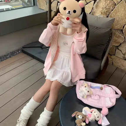 Y2k Hoodies Green Kawaii Cat Floral Print Hooded Zip-up Woman Sweatshirts Pink Thin Jacket Spring Fall Clothes Cute Streetwear
