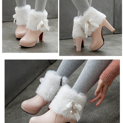 Snow Boots Womens Winter Warm Plush Fashion High Heels Pink White Black Fur Bowt Dress Party Wedding Platform Boots 526-1