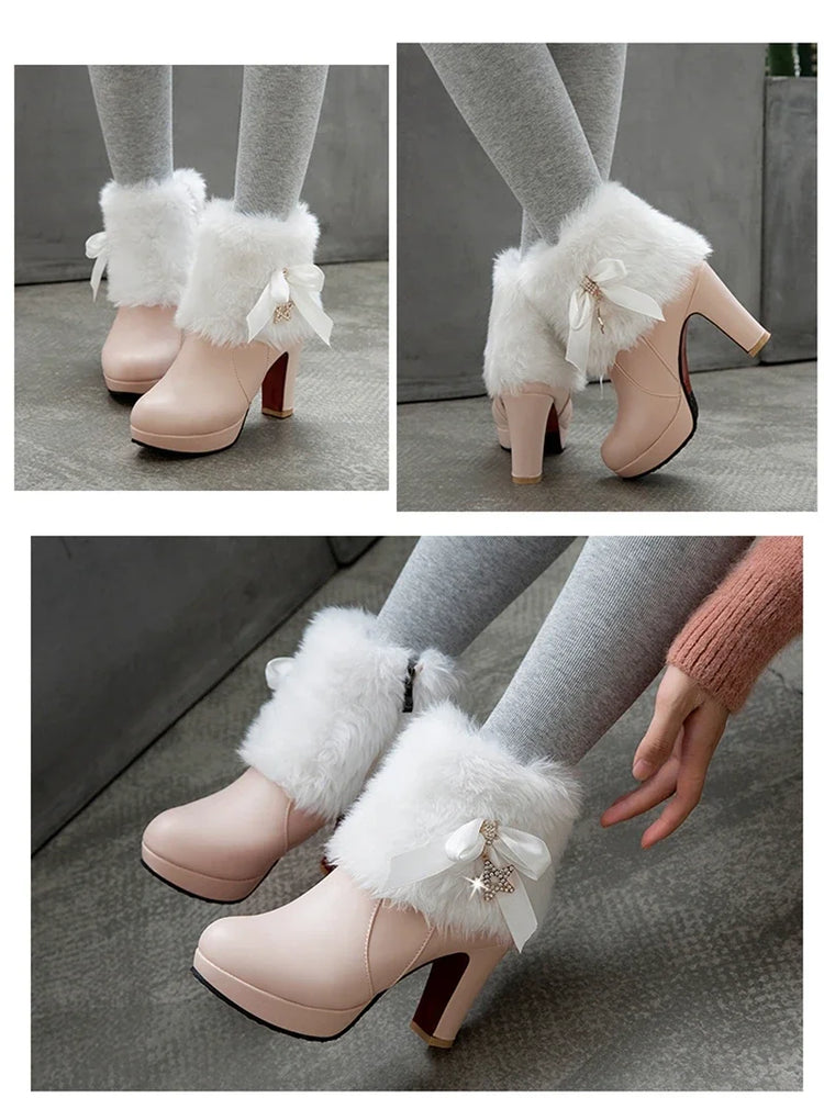 Snow Boots Womens Winter Warm Plush Fashion High Heels Pink White Black Fur Bowt Dress Party Wedding Platform Boots 526-1