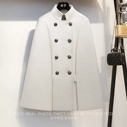 French Elegant Retro Hepburn Style Stand Collar Double-breasted Loose Temperament Commuter Woolen Jacket Cape Cloak Women Autumn