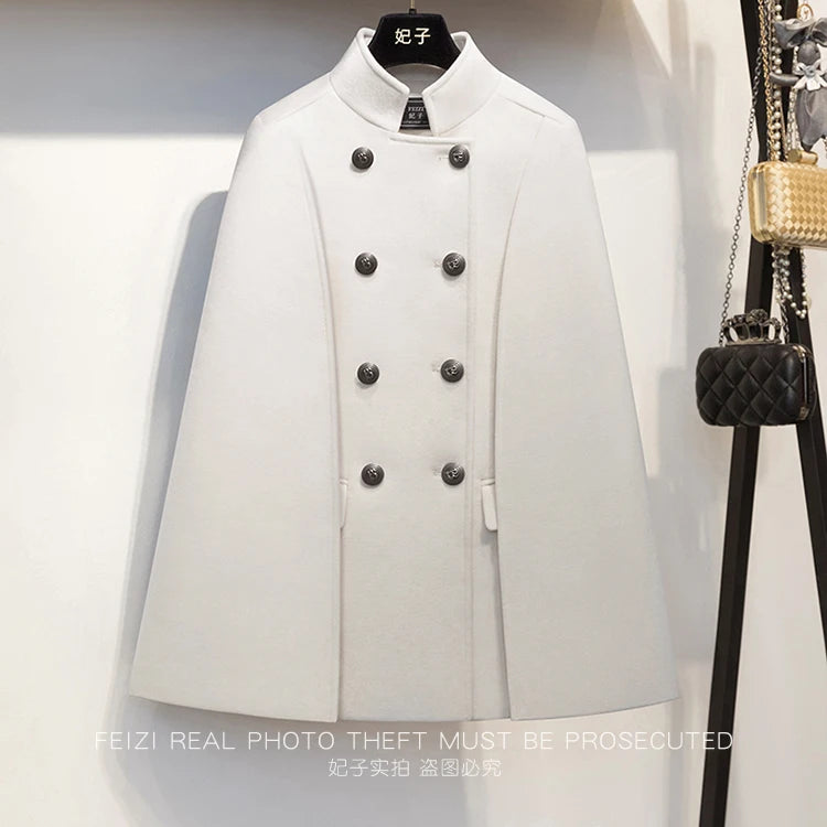 French Elegant Retro Hepburn Style Stand Collar Double-breasted Loose Temperament Commuter Woolen Jacket Cape Cloak Women Autumn