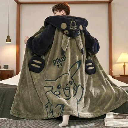 Kawaii Pokemon Pikachu Print Men's Fleece Pajama Set Hooded Robe + Pants Super Soft Winter Loungewear Cute Anime Sleepwear New