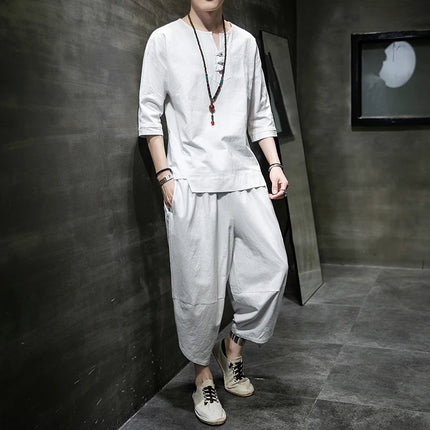 Stile giapponese due pezzi t-shirt pantaloni uomo uomo abiti Kimono maniche corte giappone Harajuku Yukata Cardigan Costume top pantaloni