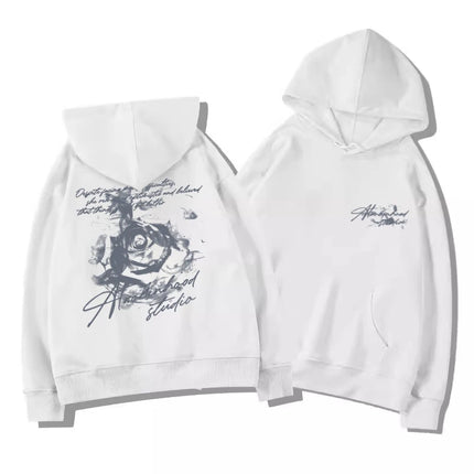 Letter patterned rose print hooded sweatshirt suitable for both men and womenOutdoor sports casual and fashionable long-sleeved