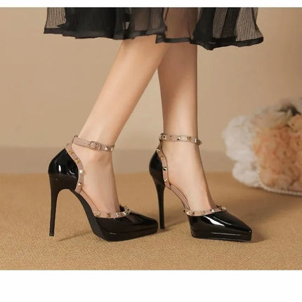Sandali Nude con Punta a Spillo e Fibbia da Donna, Tacco Sottile Estivo, Impermeabili, con Plateau, Comodi, con Rivetti, in Pelle Sintetica platinumshop