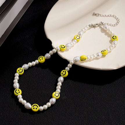 Bracciale con collana con volto sorridente di perle divertenti per donna Uomo Vitalità Sorriso colorato Accessori girocollo con perline Set di gioielli di moda platinumshop