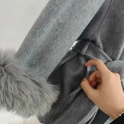 UCXQ Elegant Woolen Coat Temperament Office Lady Overcoats Fur Patchwork Long Sleeve Beautiful Women's Coats 2025 Winter New