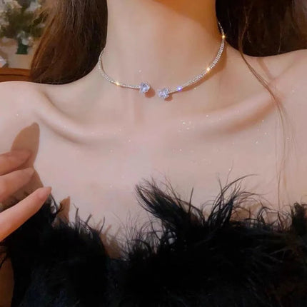 925 Sterling Silver Rhinestone Heart Collar Choker Necklace for Women Simple Open Collar Necklace Torques Jewelry Accessories PlatiNum