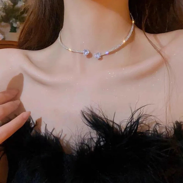 925 Sterling Silver Rhinestone Heart Collar Choker Necklace for Women Simple Open Collar Necklace Torques Jewelry Accessories PlatiNum