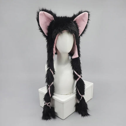 Long Plush Cat Ear Hat Fox Ear Double Braid Caps Cute Lolita Anime Fall Winter Cap Y2K Anime Cosplay Accessories