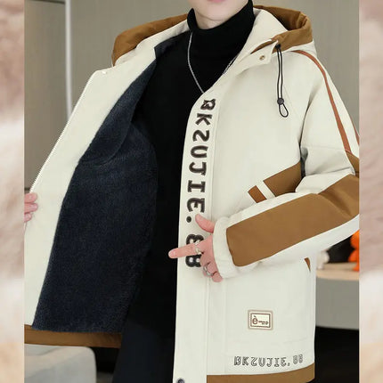 Fashion Autumn Winter Men's Hooded Fleece Jackets Youth High Streetwear Casual Plush Liner Coats Windproof Padded Tops Clothing