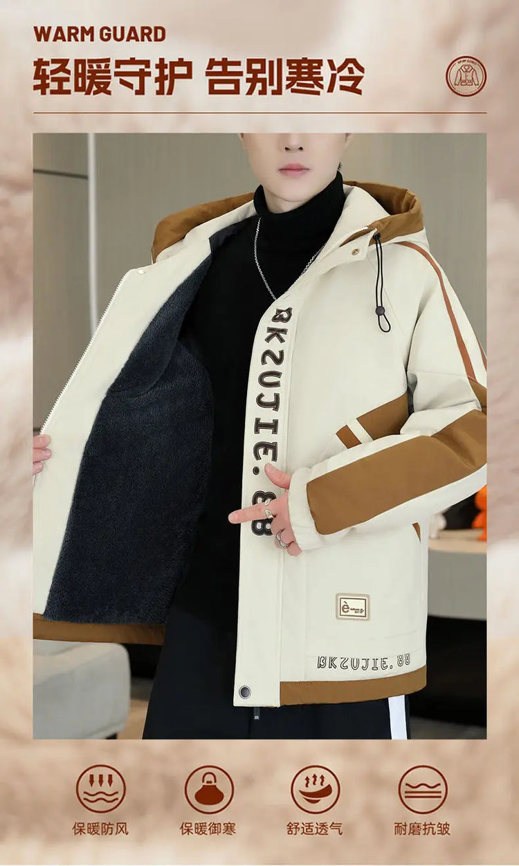 Fashion Autumn Winter Men's Hooded Fleece Jackets Youth High Streetwear Casual Plush Liner Coats Windproof Padded Tops Clothing