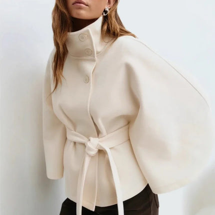 Stand Collar Lace Up blend fiber Coat Women's Fashion Long Batwing Sleeve Solid Single Breasted Cape Coat Autumn Winter Outfits