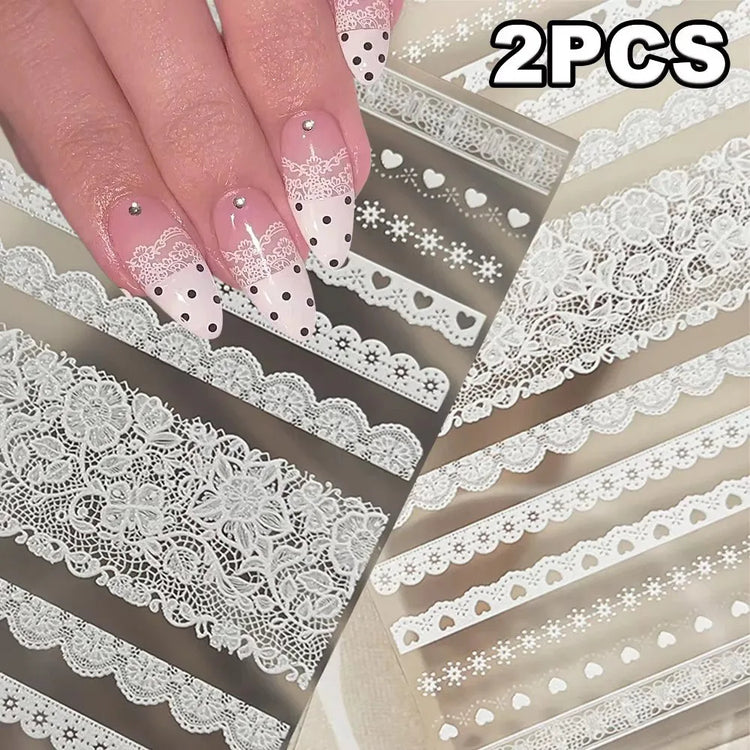 2pcs Y2K White Lace 5D Nail Art Stickers White Embossed Flowers Petals Elegant French Decals Wedding Nails Manicure Decorations