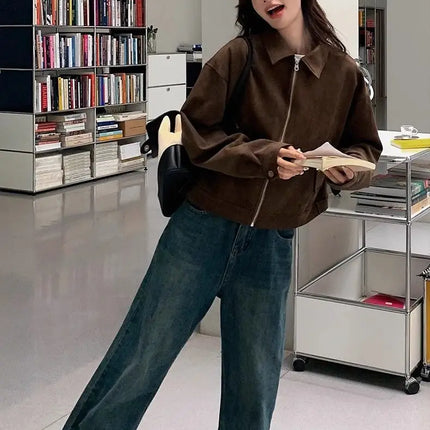 Retro Style Women's Short Suede Jacket Coffee Color Korean Style Autumn Coat Zipper Pocket Polyester Fiber Windproof