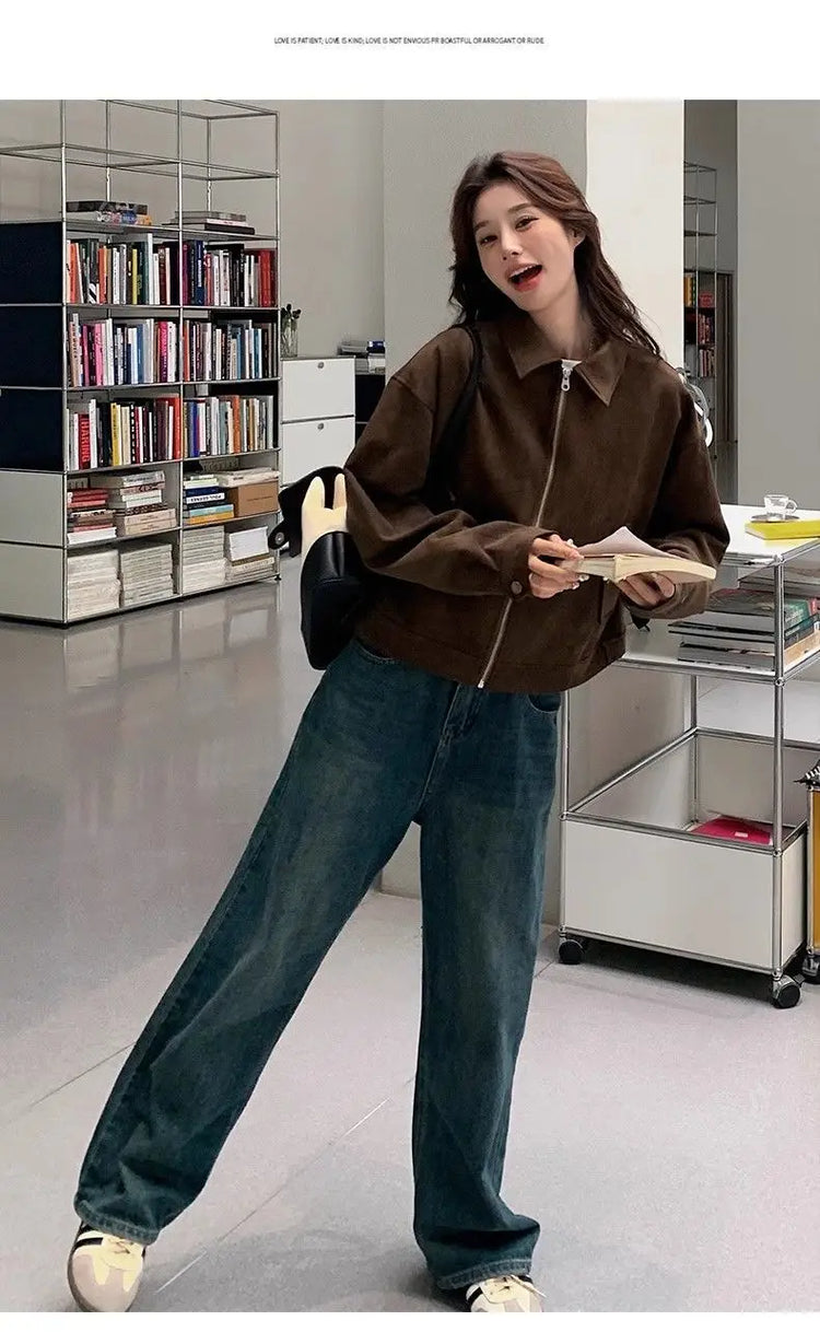 Retro Style Women's Short Suede Jacket Coffee Color Korean Style Autumn Coat Zipper Pocket Polyester Fiber Windproof