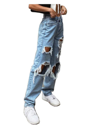 Jeans in denim effetto consumato da donna Pantaloni a tubo larghi casual dritti con foro strappato Street Style