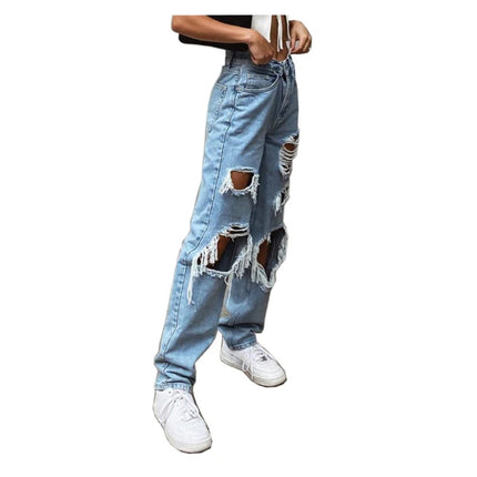 Jeans in denim effetto consumato da donna Pantaloni a tubo larghi casual dritti con foro strappato Street Style