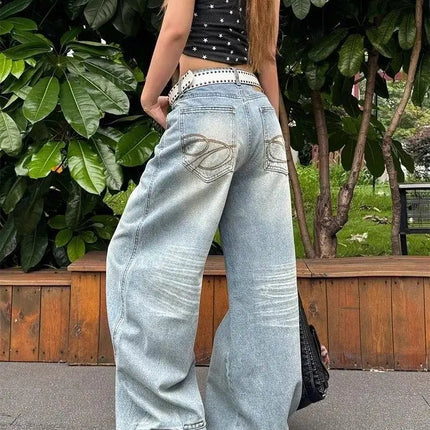 Jeans ricamati vintage Y2k casual da donna Pantaloni in denim larghi dritti a vita alta blu Jeans a gamba larga da strada americani retrò anni '90