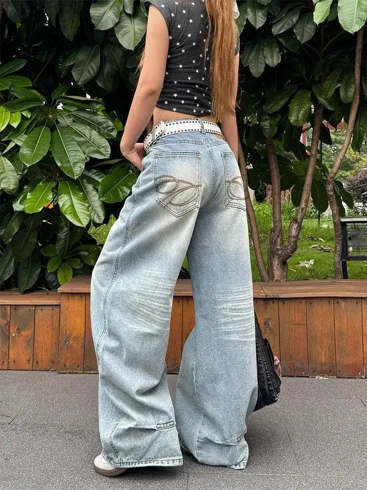 Jeans ricamati vintage Y2k casual da donna Pantaloni in denim larghi dritti a vita alta blu Jeans a gamba larga da strada americani retrò anni '90