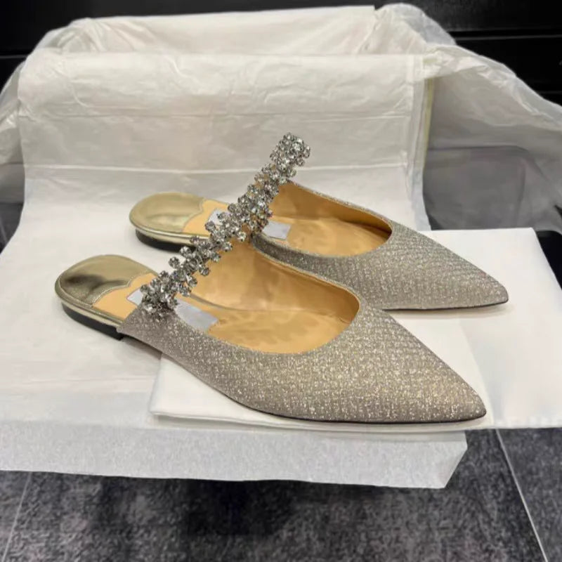 European and American Women Slippers 2025 Summer New Rhinestone High Heels Pointed Temperament Muller Shoes