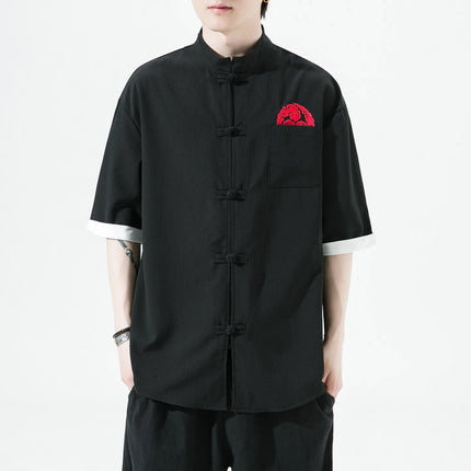 Camicie Retrò da Uomo Ricamate Stile Kung Fu Tai Chi, Camicie Casual a Maniche Corte, Stile Cinese in Lino Traspirante e Cotone per Uomo