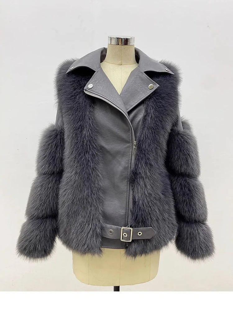 ZADORIN Top Fashion Luxury FAUX Fox Fur Coat Motorcycle PU Leather Turn Down Collar Warm Faux Fur Jacket Women Autumn Winter New