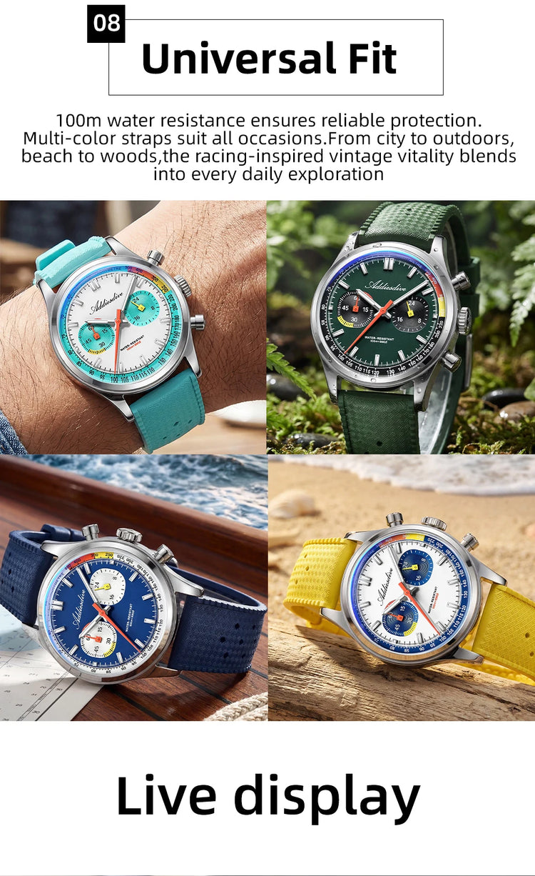 ADDIESDIVE HOT 38mm Men's Watch AD2549 BGW9 Super Luminous Fluorocarbon Rubber 10Bar Waterproof 0S21 Chronograph Quartz Watches