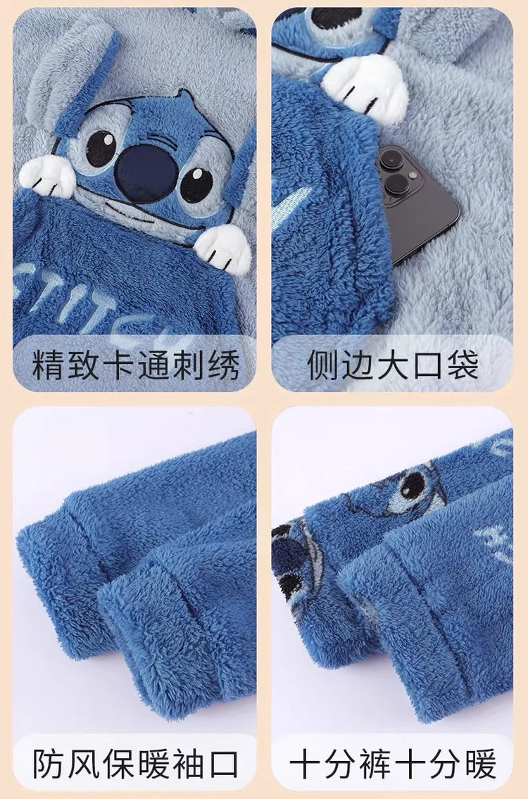 Anime Stitch Pajamas Cute Winter Flannel Thick Sleepwear Set Couple Homewear Warm Comfortable Windproof Long Sleeved Pants Gift