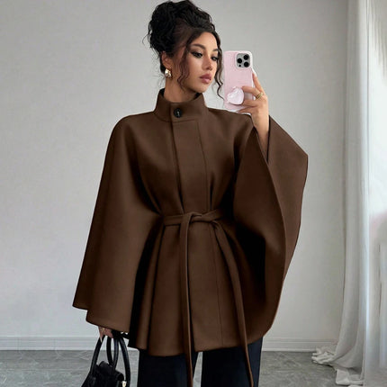 Women's Belted Wool Cape Coat High Neck Stand Collar Batwing Sleeve Loose Fit Winter Warm Poncho Outerwear 2026