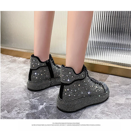 Designer Platform Sneakers Full Diamond Luxury Shoes Versatile Flat Bottom High-top Casual Skateboard Shoes Zapatos De Mujer