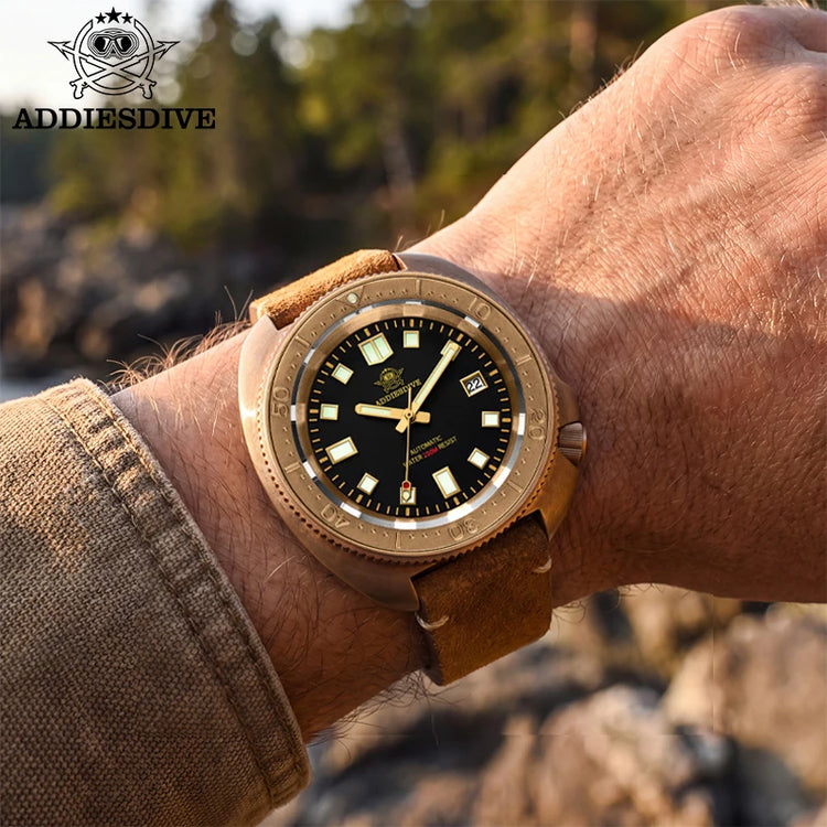 ADDIESDIVE Mens Automatic Mechanical Dive Watch Japan 8215 Movement Bronze Case Sapphire Crystal 200M Waterproof Ceramic Bezel