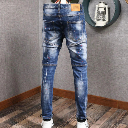 Fashion Streetwear Men Jeans Retro Black Blue Elastic Slim Fit Ripped Jeans Men Spliced Designer Embroidery Hip Hop Denim Pants PlatiNum