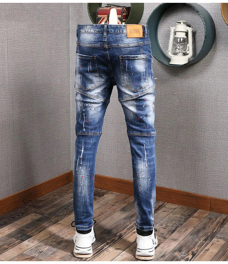 Fashion Streetwear Men Jeans Retro Black Blue Elastic Slim Fit Ripped Jeans Men Spliced Designer Embroidery Hip Hop Denim Pants PlatiNum