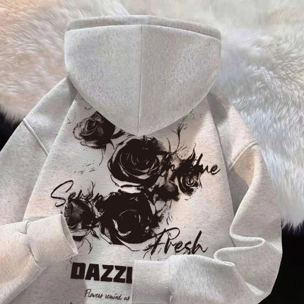 American Retro Black Rose Print Men Women Hooded Sweatshirt Autumn Winter Outdoor Vacation Fitness Casual Loose Warm Sportswear