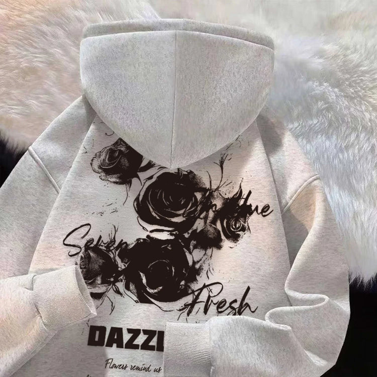 American Retro Black Rose Print Men Women Hooded Sweatshirt Autumn Winter Outdoor Vacation Fitness Casual Loose Warm Sportswear