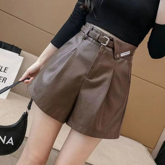 Women's Clothing Fashion All-match Pockets Patchwork Leather Shorts Autumn Winter Trend Korean New Solid Color High Waist Pants
