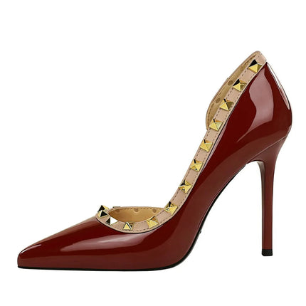 Donne 10.5 centimetri Tacchi Alti Della Signora Sexy Discoteca Punta a punta Pompe Femminile Rivetto Lato Vuoto In Pelle Verniciata Eden Tacchi Scarpe platinumshop