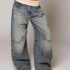 Jeans con Vita Pieghevole - Pantaloni in Denim Vintage Streetwear Blu Lavato a Gamba Larga per un Look Retrò Chic