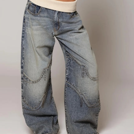 Jeans con Vita Pieghevole - Pantaloni in Denim Vintage Streetwear Blu Lavato a Gamba Larga per un Look Retrò Chic