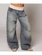 Jeans con Vita Pieghevole - Pantaloni in Denim Vintage Streetwear Blu Lavato a Gamba Larga per un Look Retrò Chic