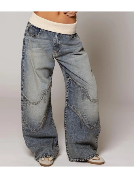 Fold-over Waist Jeans - Vintage Streetwear Washed Blue Wide Leg Denim Pants for a Retro Chic Look