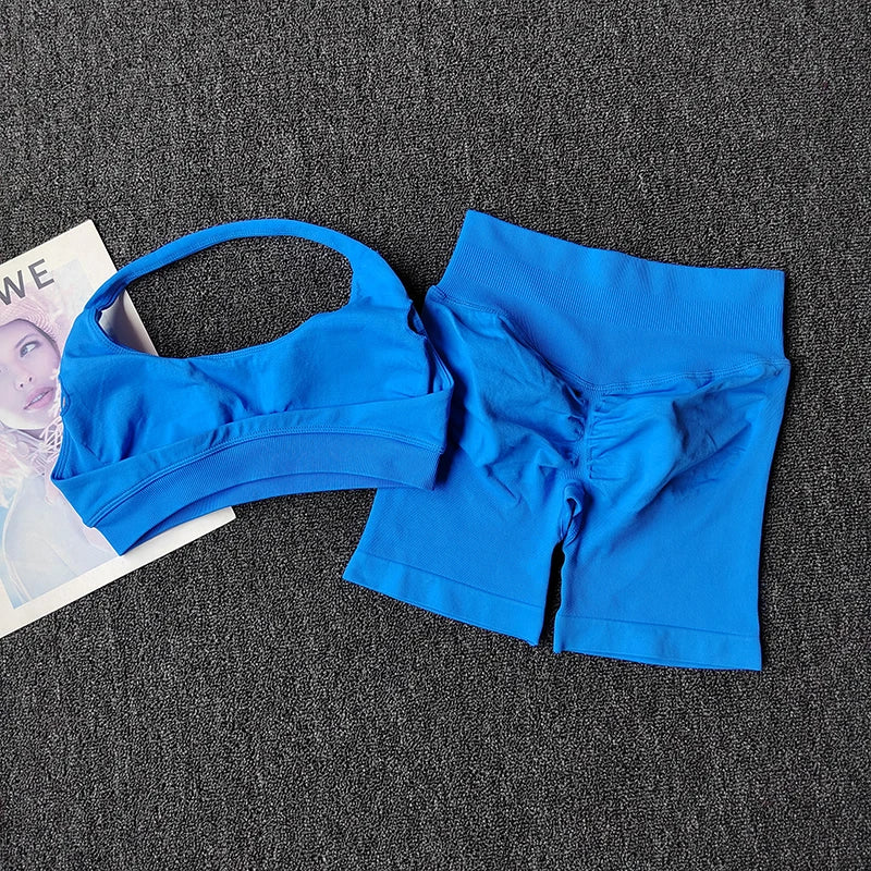 2PCs Peach High Waist Belly Hip Lifting Sports Bras Shorts Suit Gathering Shock-proof Neck Halter Yoga Suit Running Fitness Set