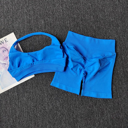 2PCs Peach High Waist Belly Hip Lifting Sports Bras Shorts Suit Gathering Shock-proof Neck Halter Yoga Suit Running Fitness Set